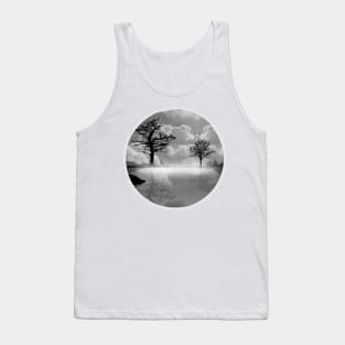 A calm lake in the fog in the morning in black and white Tank Top